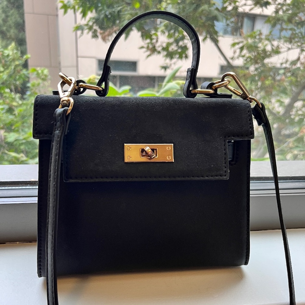 Black Top Handle Purse with Gold Hardware
